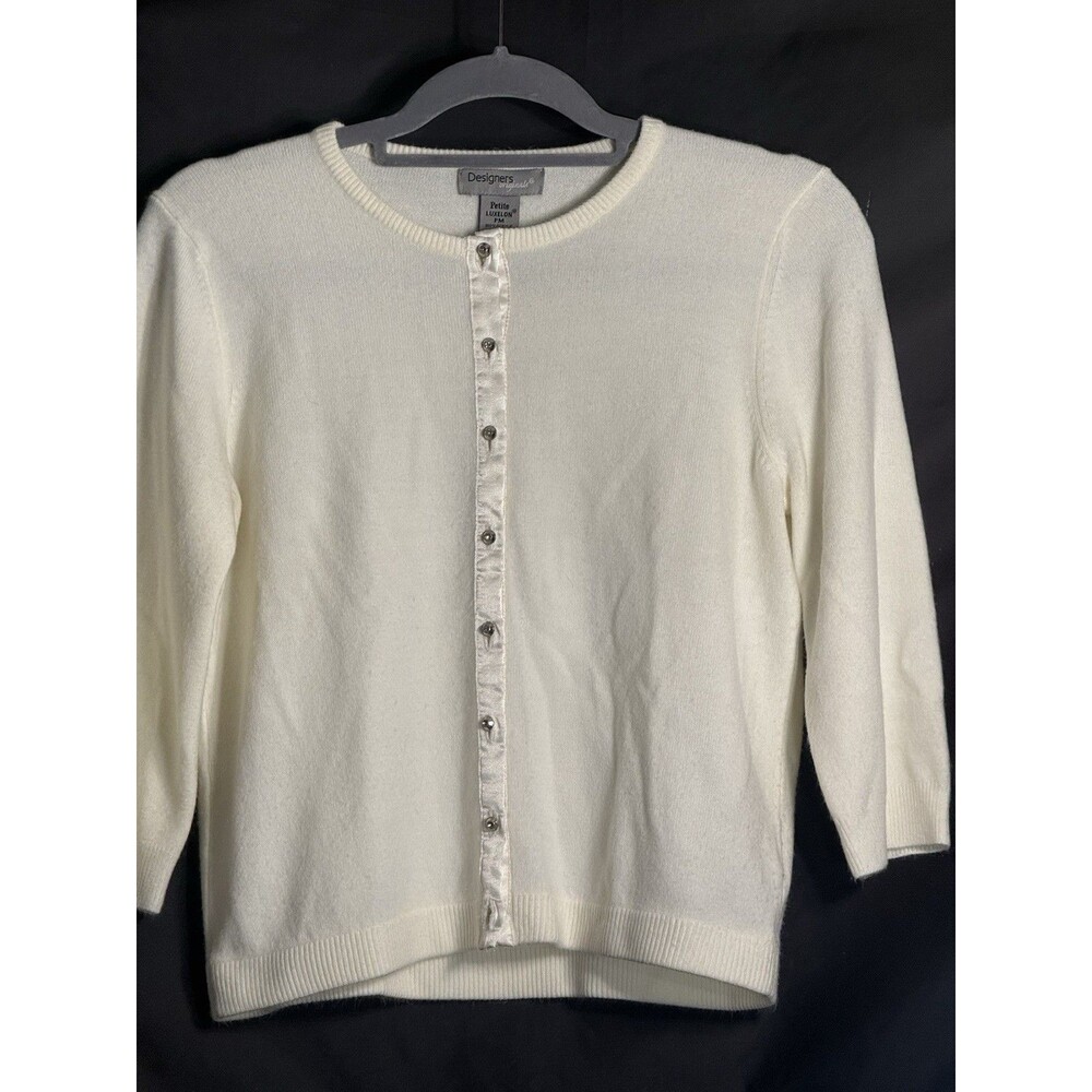 VTG Designers Originals PM Luxelon CreamCardigan Sweater Rhinestone Buttons SzPM